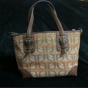 Fossil Monogram Ff Logo Key Tan Canvas Leather Trim Shoulder Purse